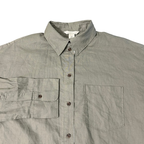 H&M Tops - H&M Button Down Shirt Womens Small Green Linen Blend Melange Long Sleeve